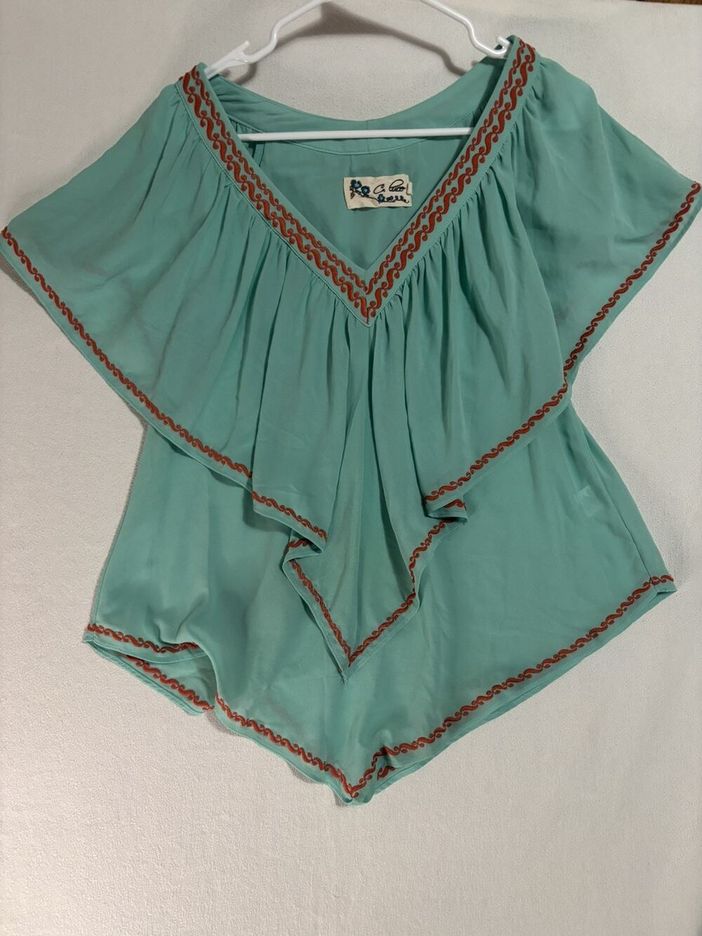 C Luce Turquoise embroidered top Women's Medium Boho Flowy Short Sleeves